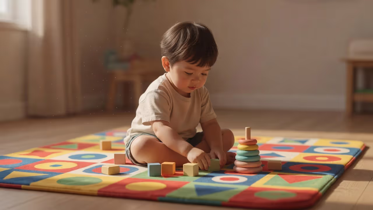 Young child engaged in solitary independent play on a colorful mat