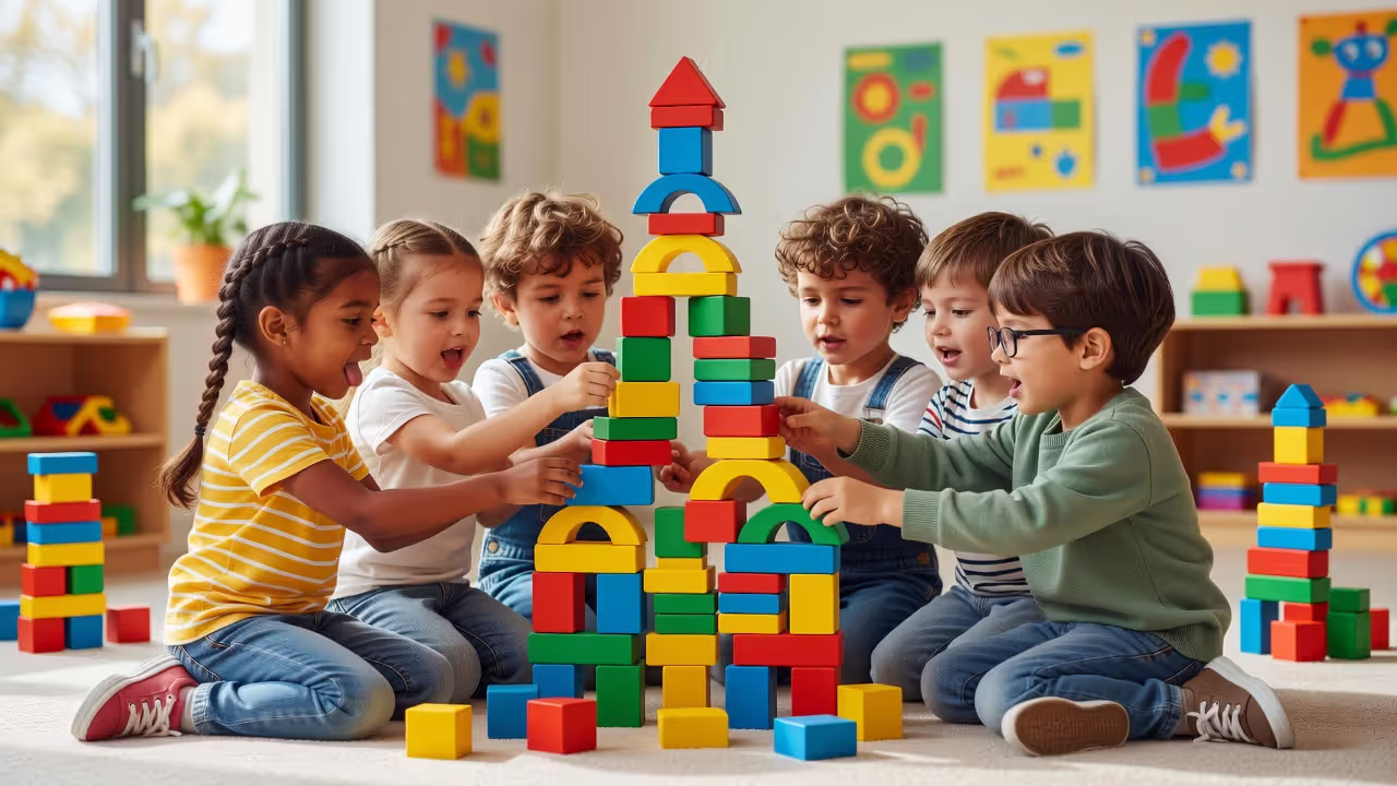 Children engaged in cooperative play building blocks together in a classroom