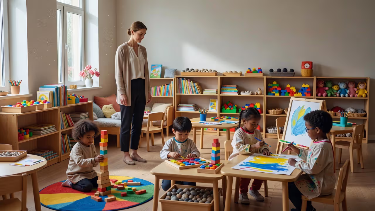 Early childhood educator observing children at play in a developmental research setting