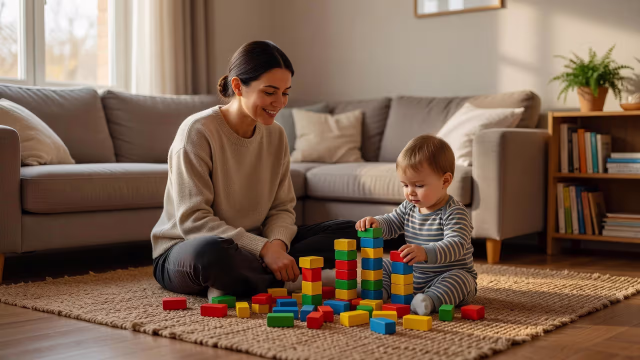 Parent supporting child's independent play by observing from nearby without directing