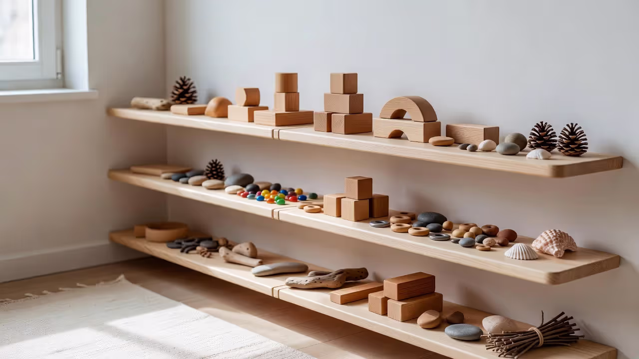 Open ended play materials arranged in an early childhood classroom