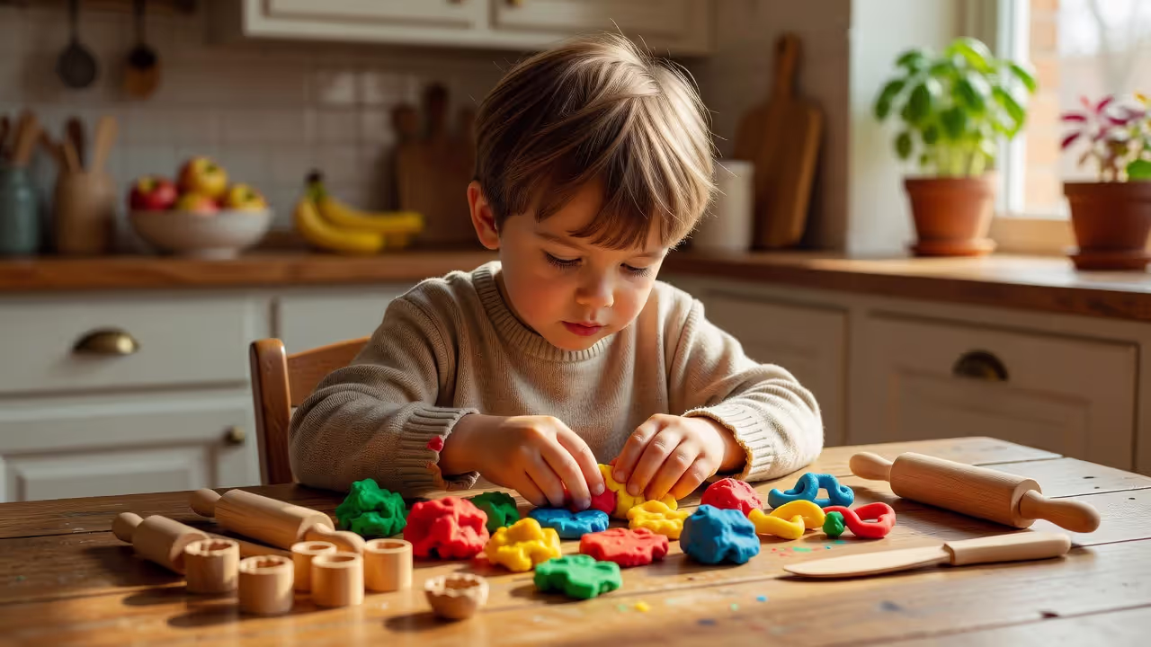 Young child engaged in open ended playdough activity at home