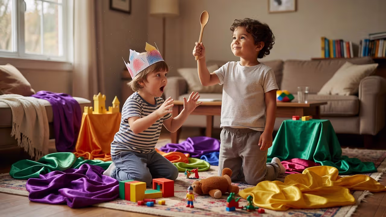 Two young children engaged in complex imaginative role play at home