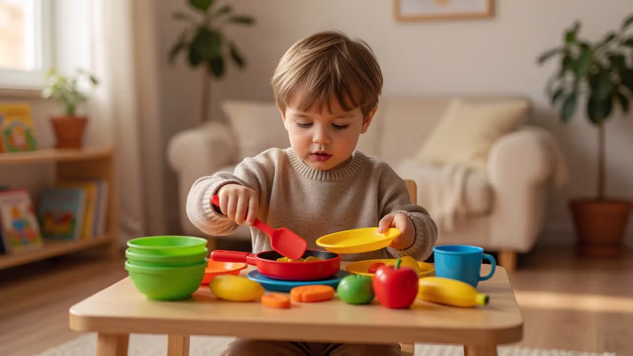 Toddler engaged in pretend cooking play at a small table