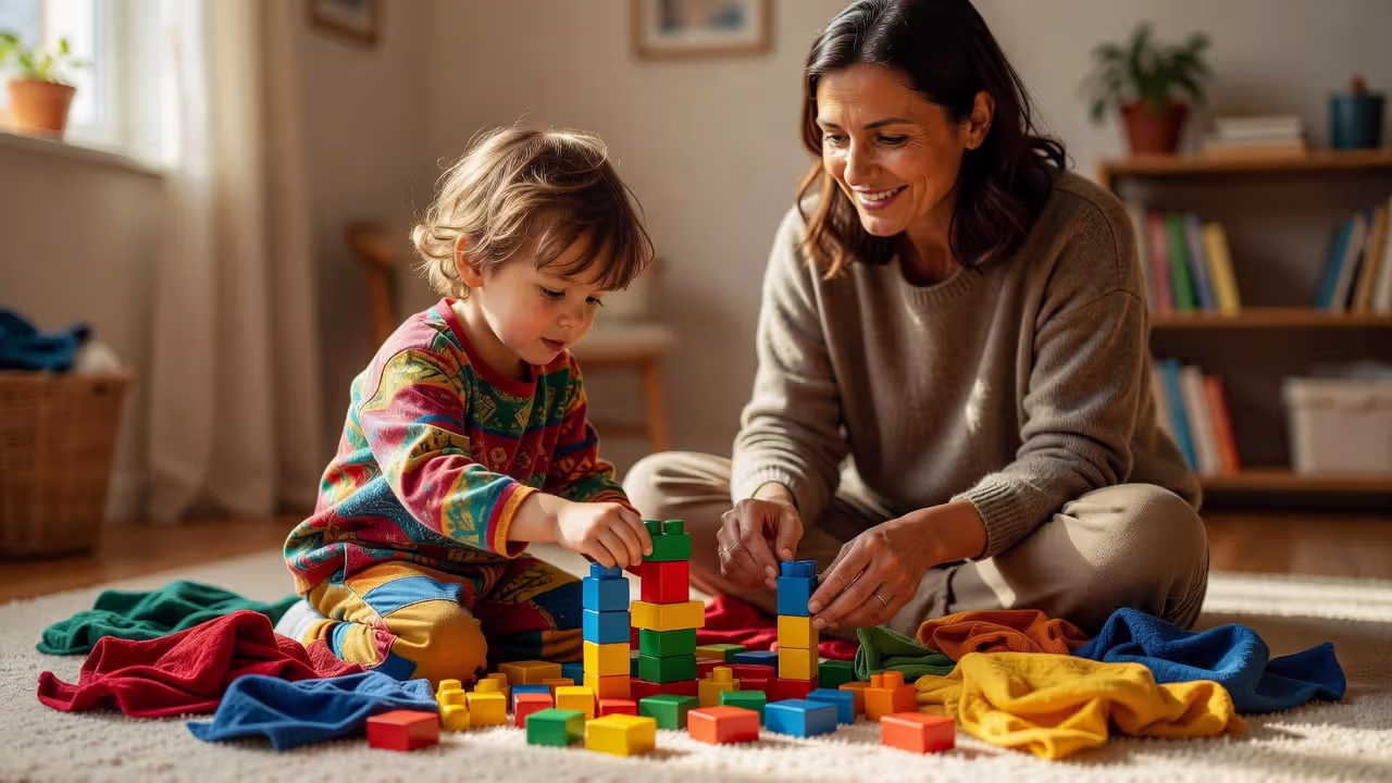 Parent supporting child's imaginative play at home on the floor