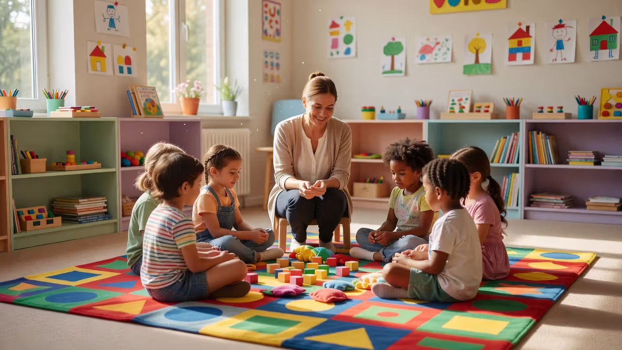 Preschool children participating in a social emotional learning activity with their teacher