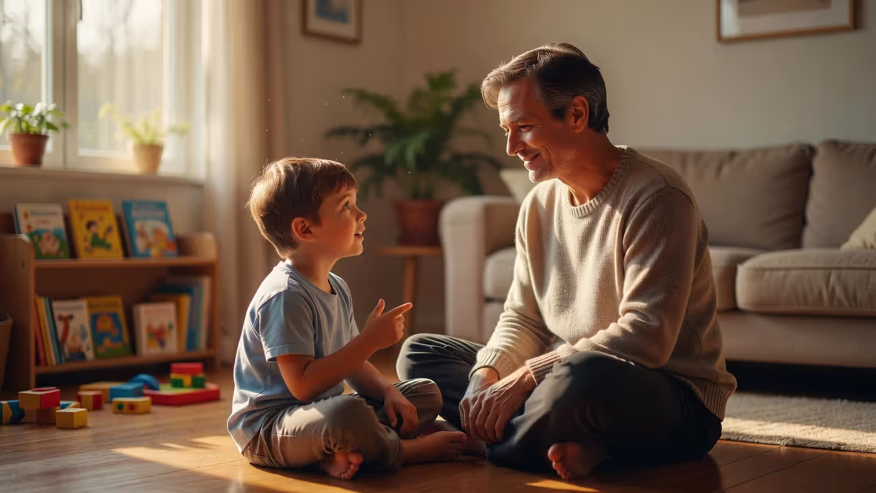 Parent having a calm conversation with a child to support emotional development