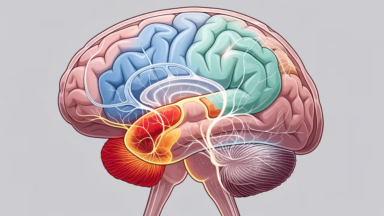Illustration of the adolescent brain showing the limbic system and prefrontal cortex