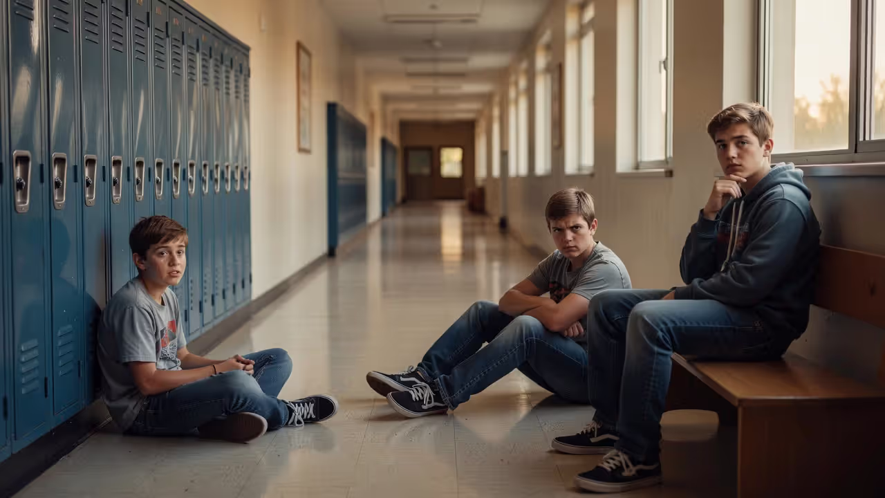 Three teenagers at different stages of adolescence showing varied emotional expressions