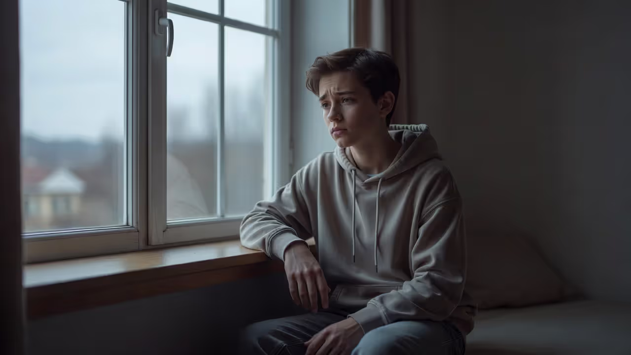 Teenager looking out a window showing signs of emotional struggle during adolescence