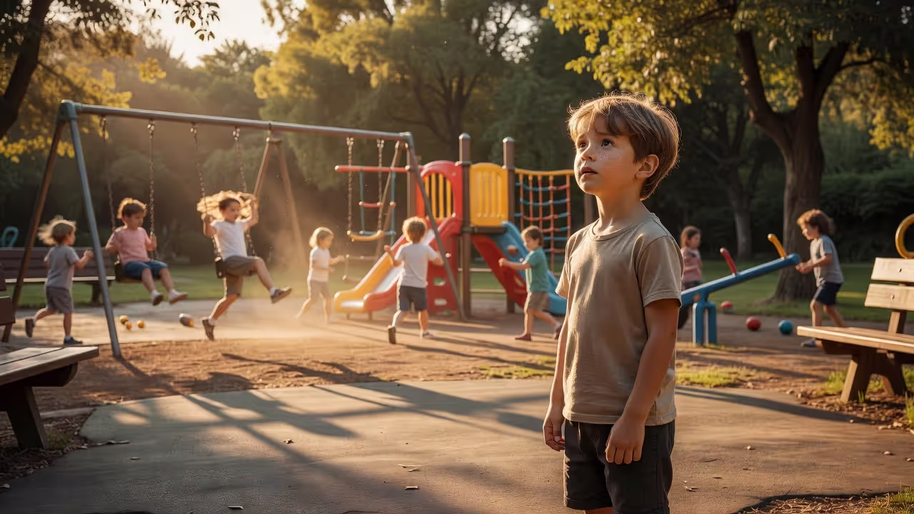 Slow to warm up child observing playground from the sideline
