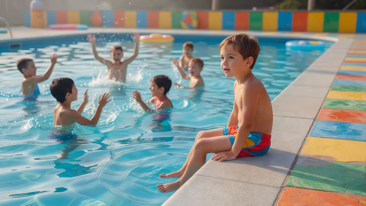 Slow to warm up child watching swim class before joining