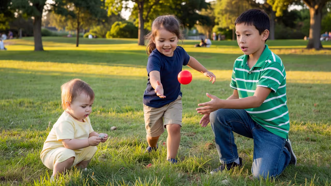 Children at different developmental stages playing together outdoors