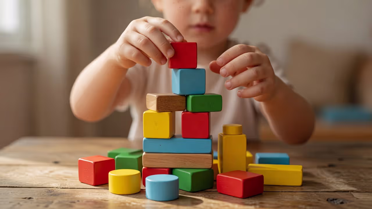 Young child developing fine motor skills by stacking wooden blocks