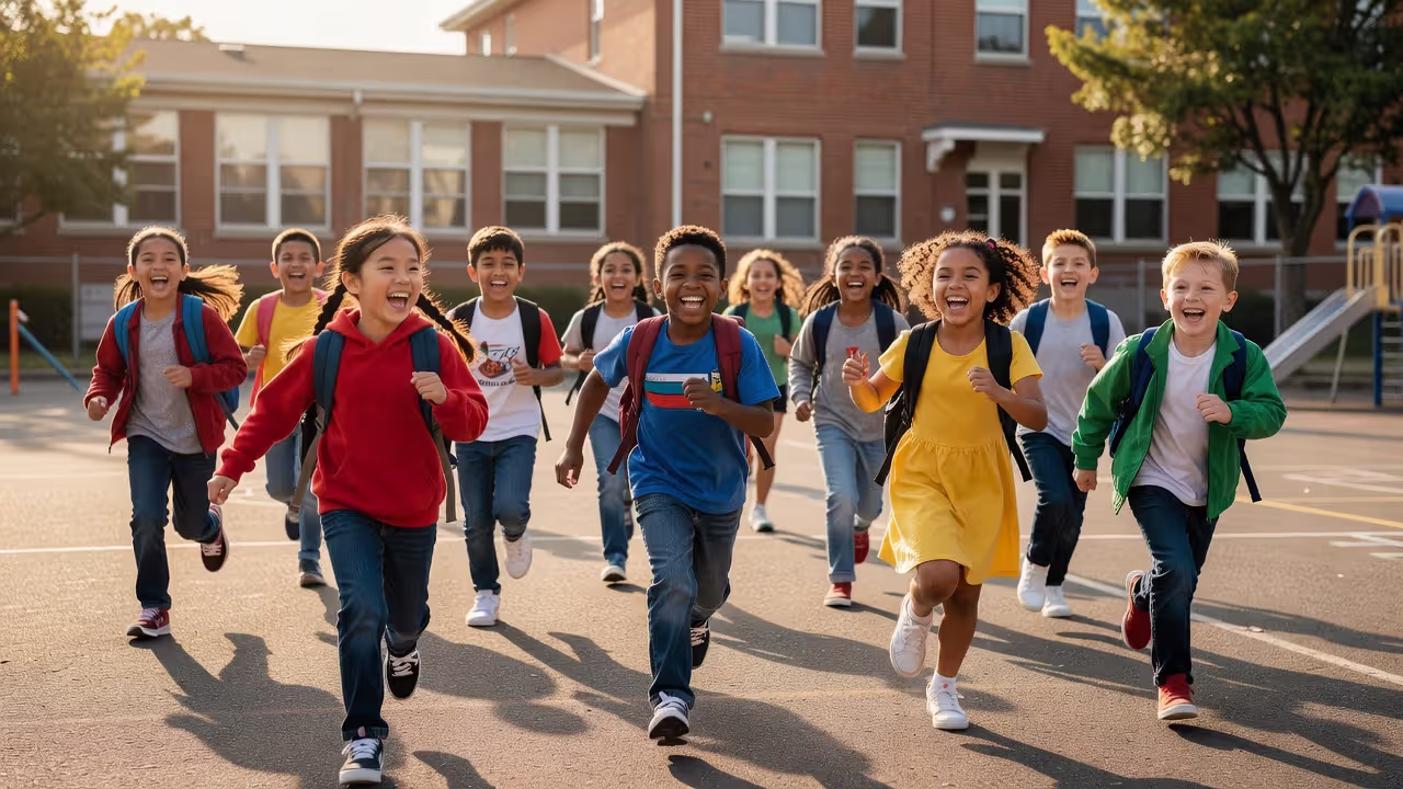 Diverse group of school-age children playing joyfully in a schoolyard