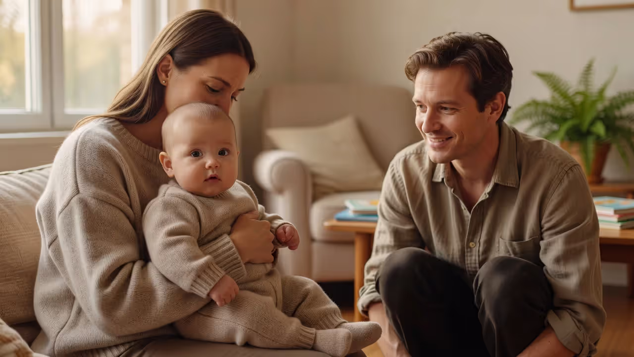 Baby showing stranger awareness while sitting safely on parent's lap