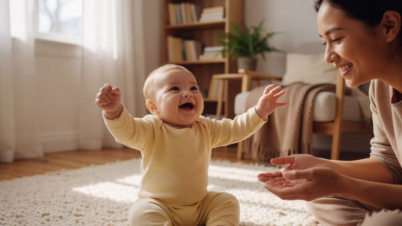 Baby expressing secure attachment with primary caregiver