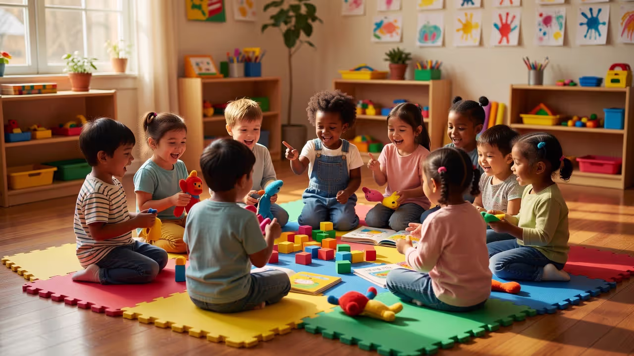 Preschool-age children sitting in a circle during group learning time