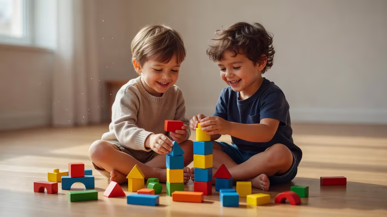 Two preschool-age children playing cooperatively with building blocks