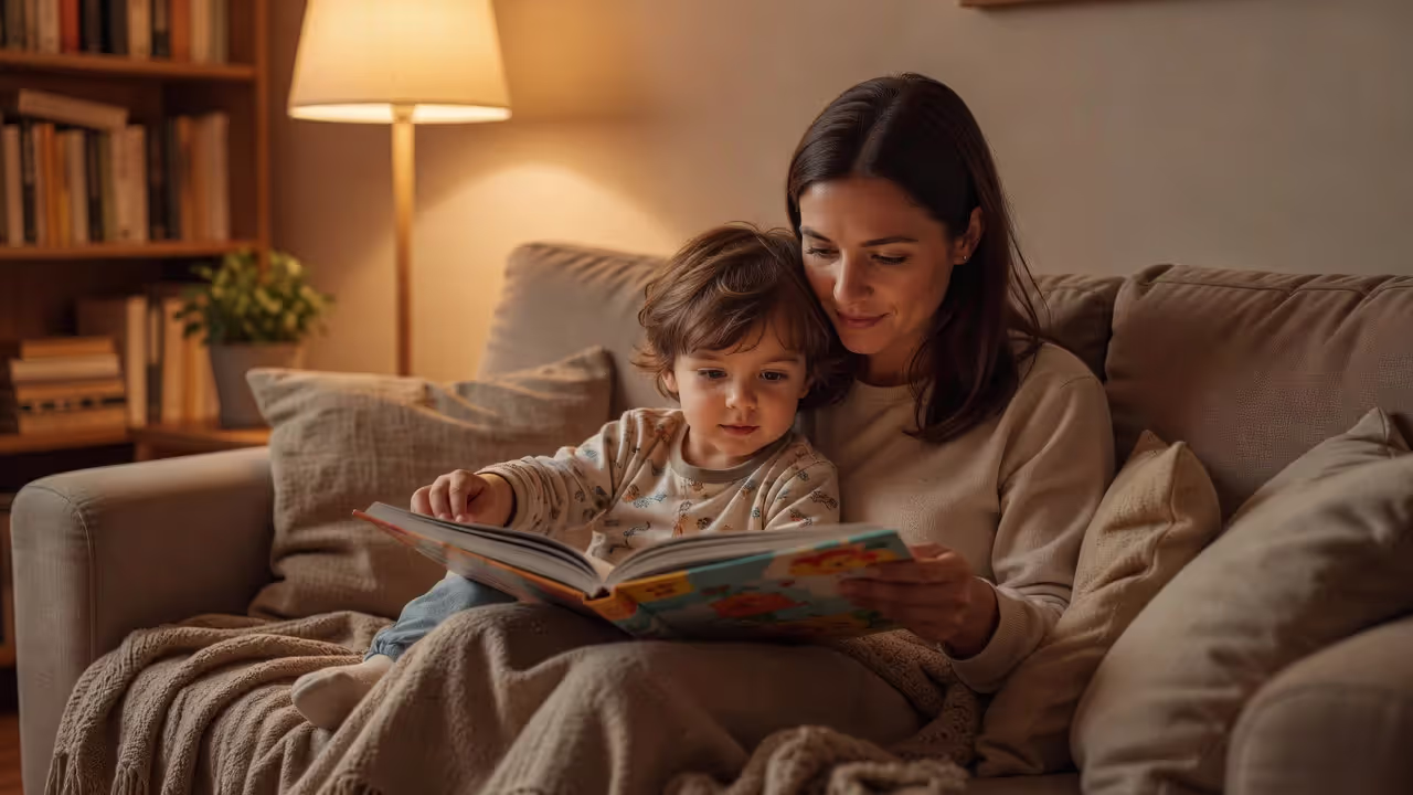 Preschool-age child reading a picture book with an adult caregiver
