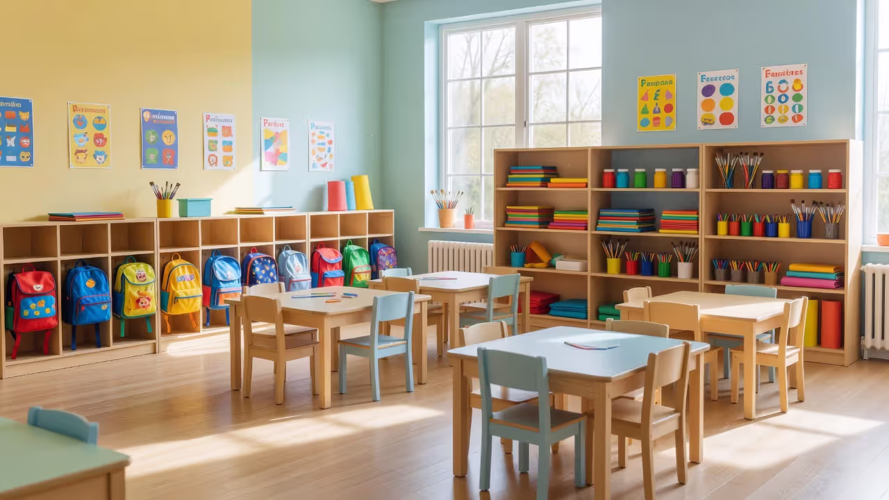 Empty preschool classroom with colorful furniture and learning materials