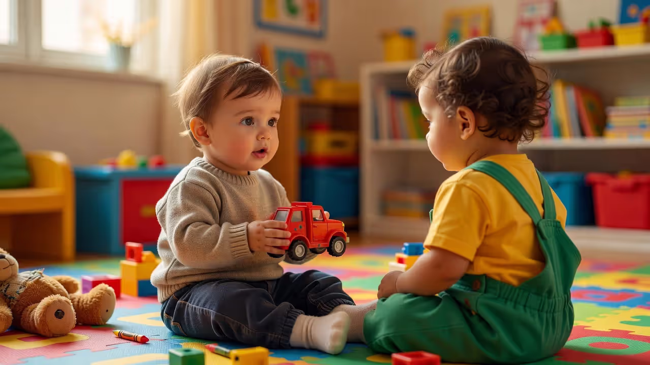 Toddlers playing together in a colorful playroom