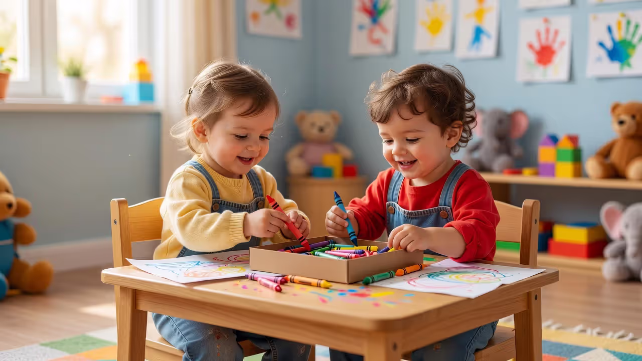 Toddlers sharing art supplies at a small table