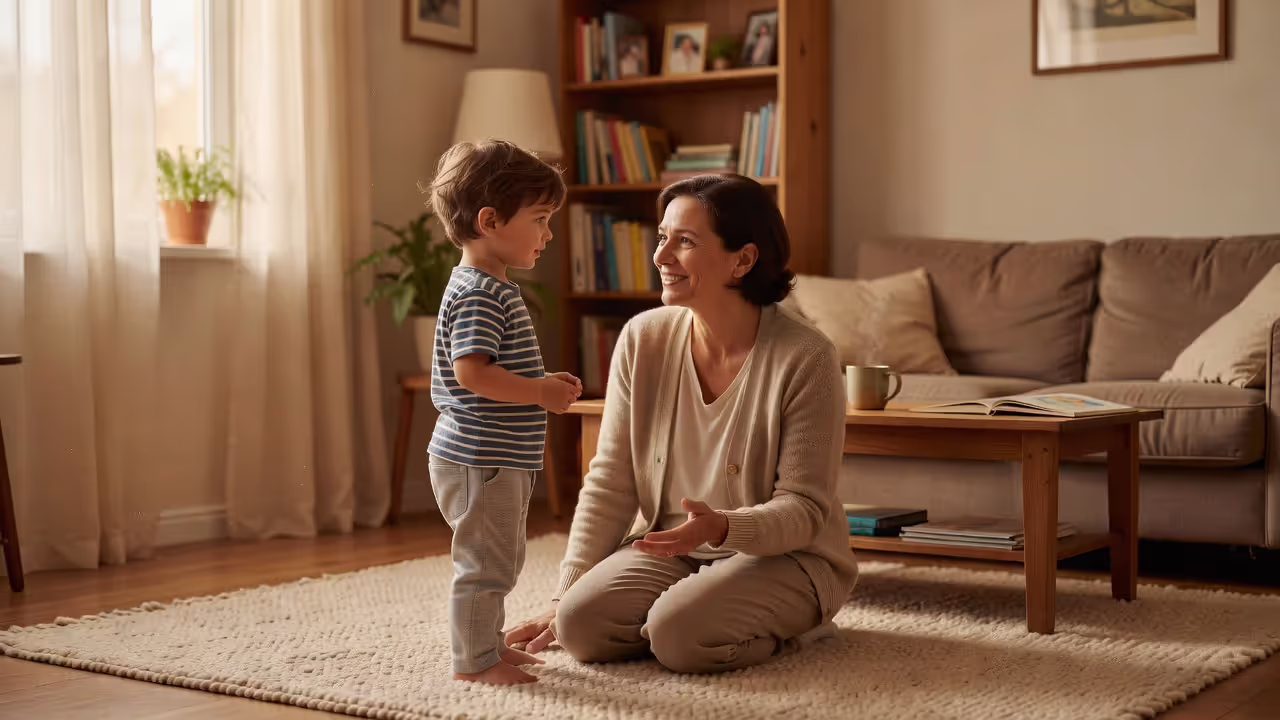 Parent calmly talking with young child about sharing