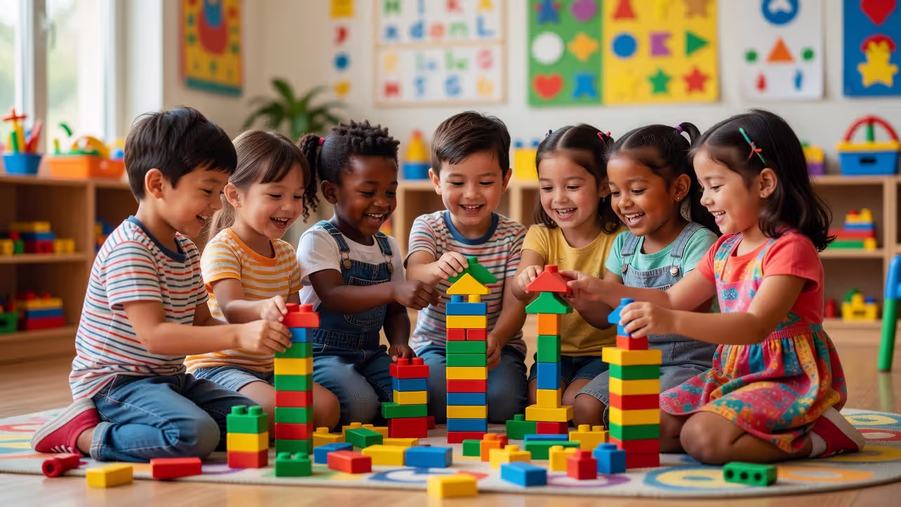 Young children playing cooperatively with building blocks in a classroom