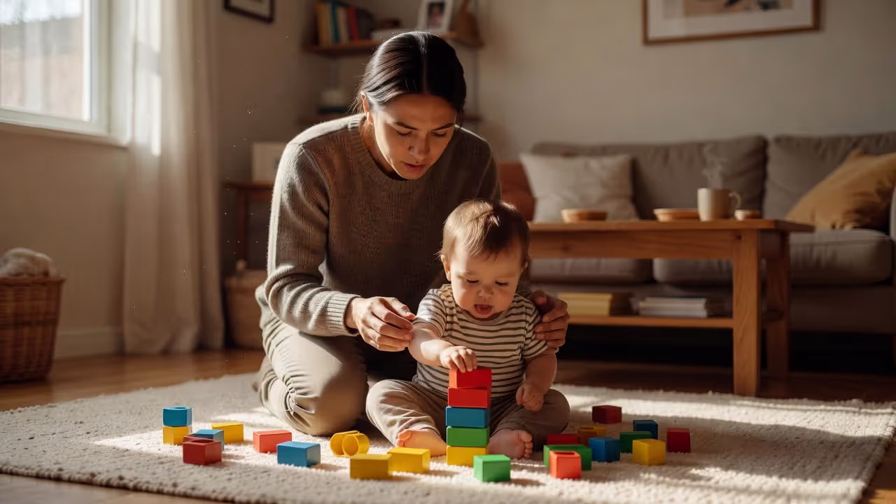 Parent hovering over child playing with blocks, illustrating overprotective parenting behavior
