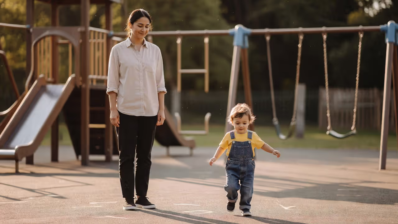 Parent allowing child to explore playground independently, practicing healthy parenting boundaries