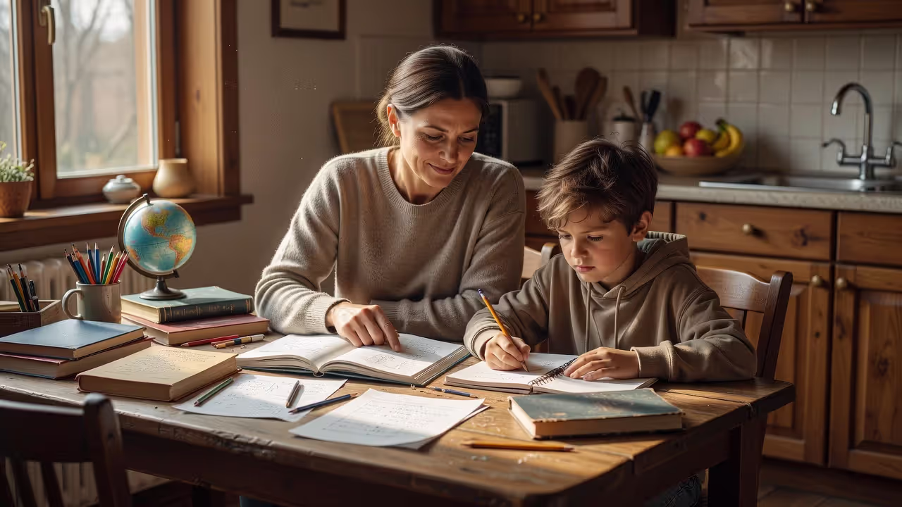Parent coaching school-age child through homework during middle childhood parenting stage