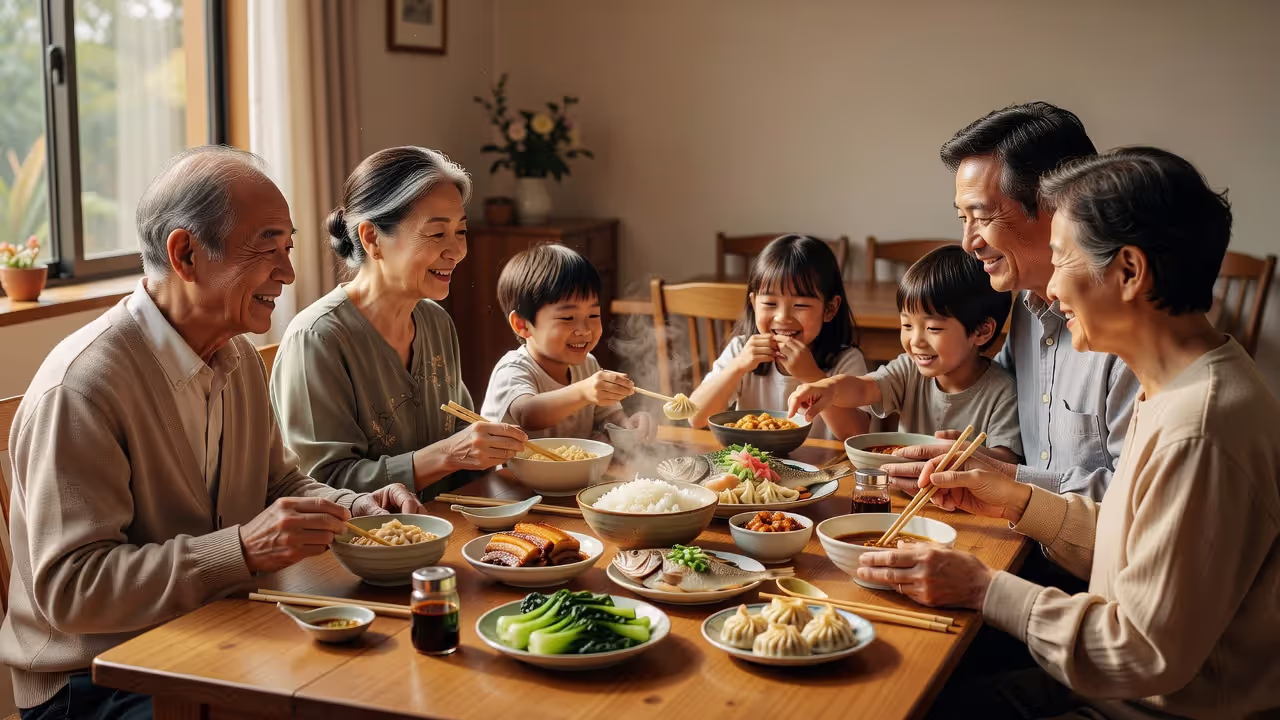 East Asian multigenerational family sharing a meal together
