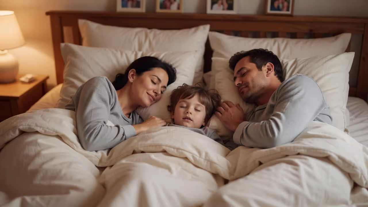 Co-sleeping family with young child in a warm bedroom setting