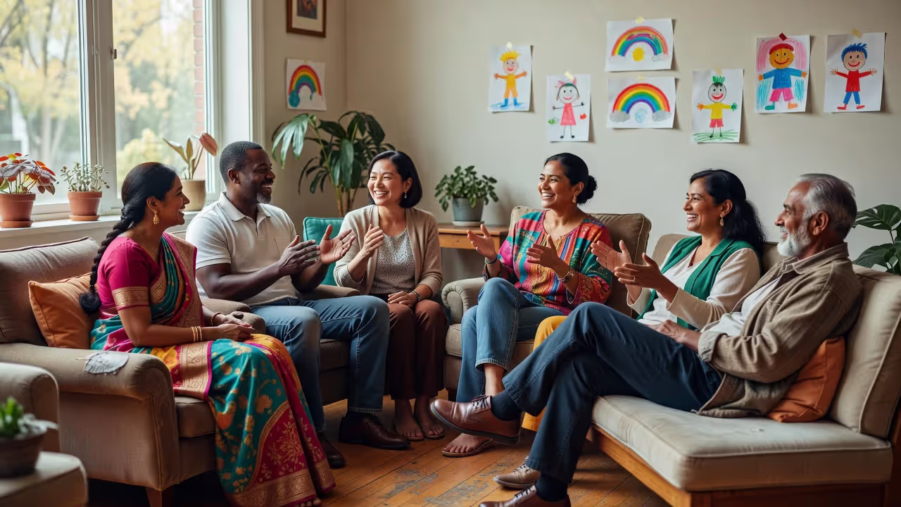 Diverse group of parents from different cultures in a community setting
