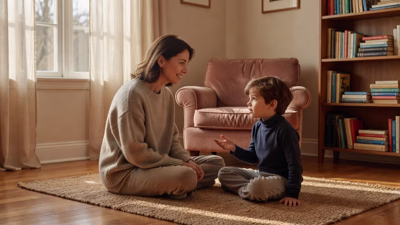 Parent practicing gentle parenting by speaking calmly with their child at eye level