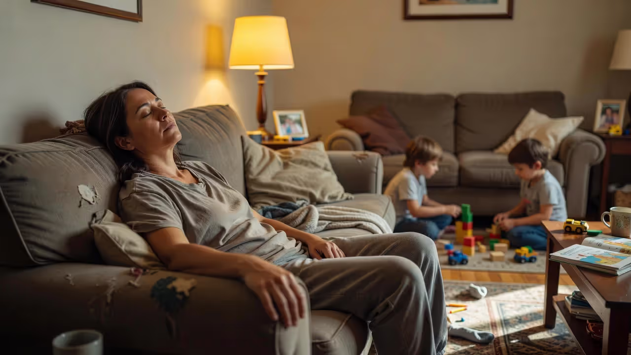 Exhausted parent taking a moment to rest while children play nearby