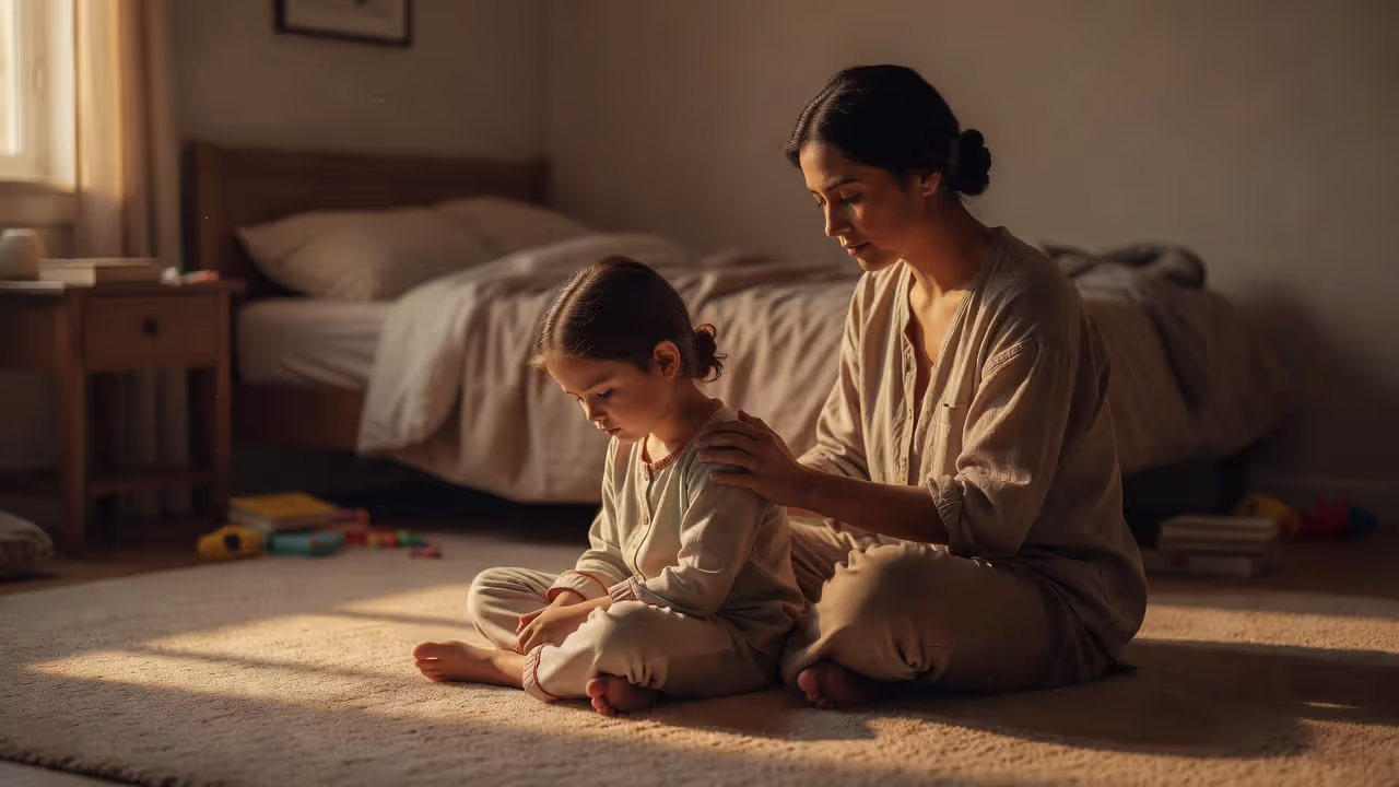 Parent offering calm reassurance to a child after an emotional moment
