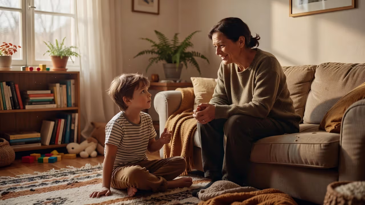 Parent calmly talking with child about behavior at home