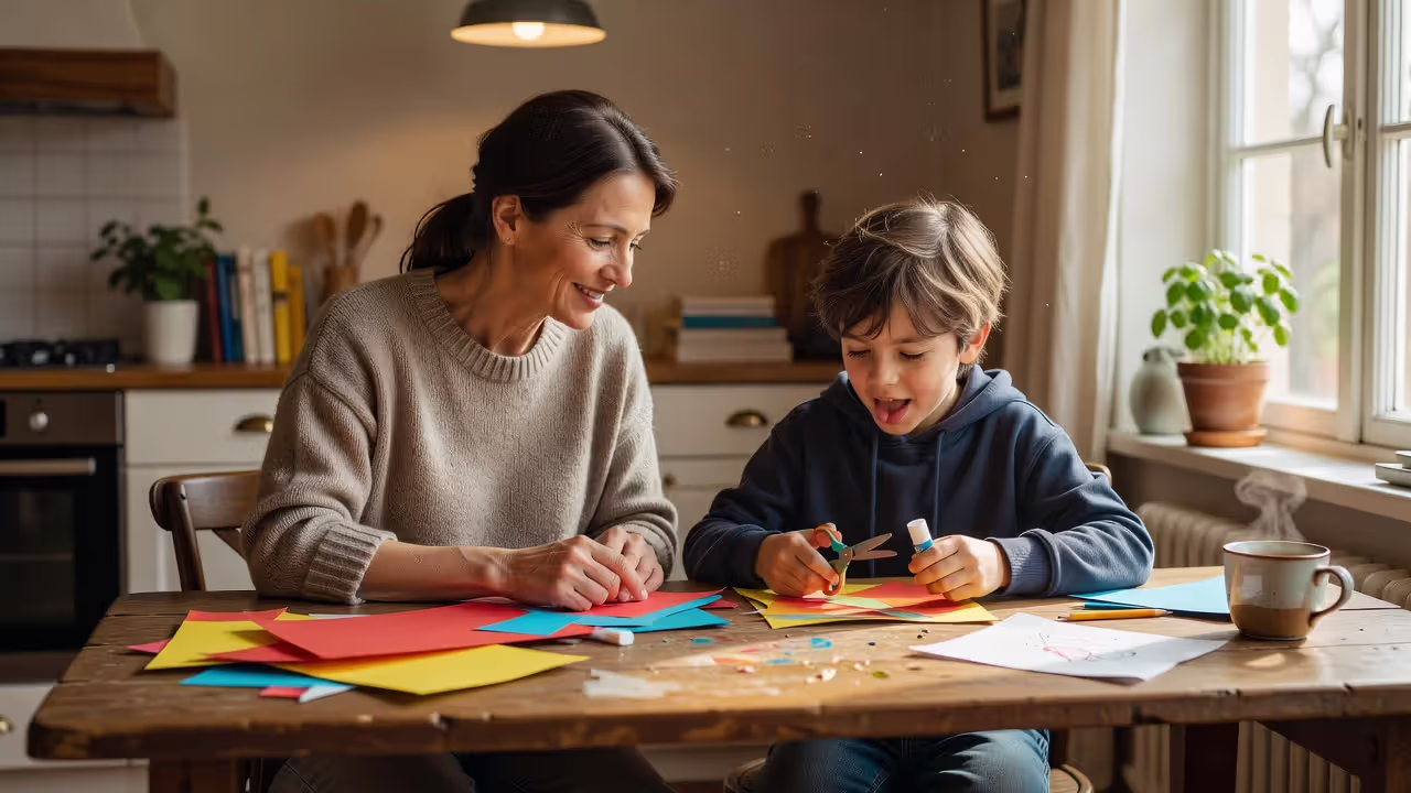 Parent and child collaborating on a task together at home