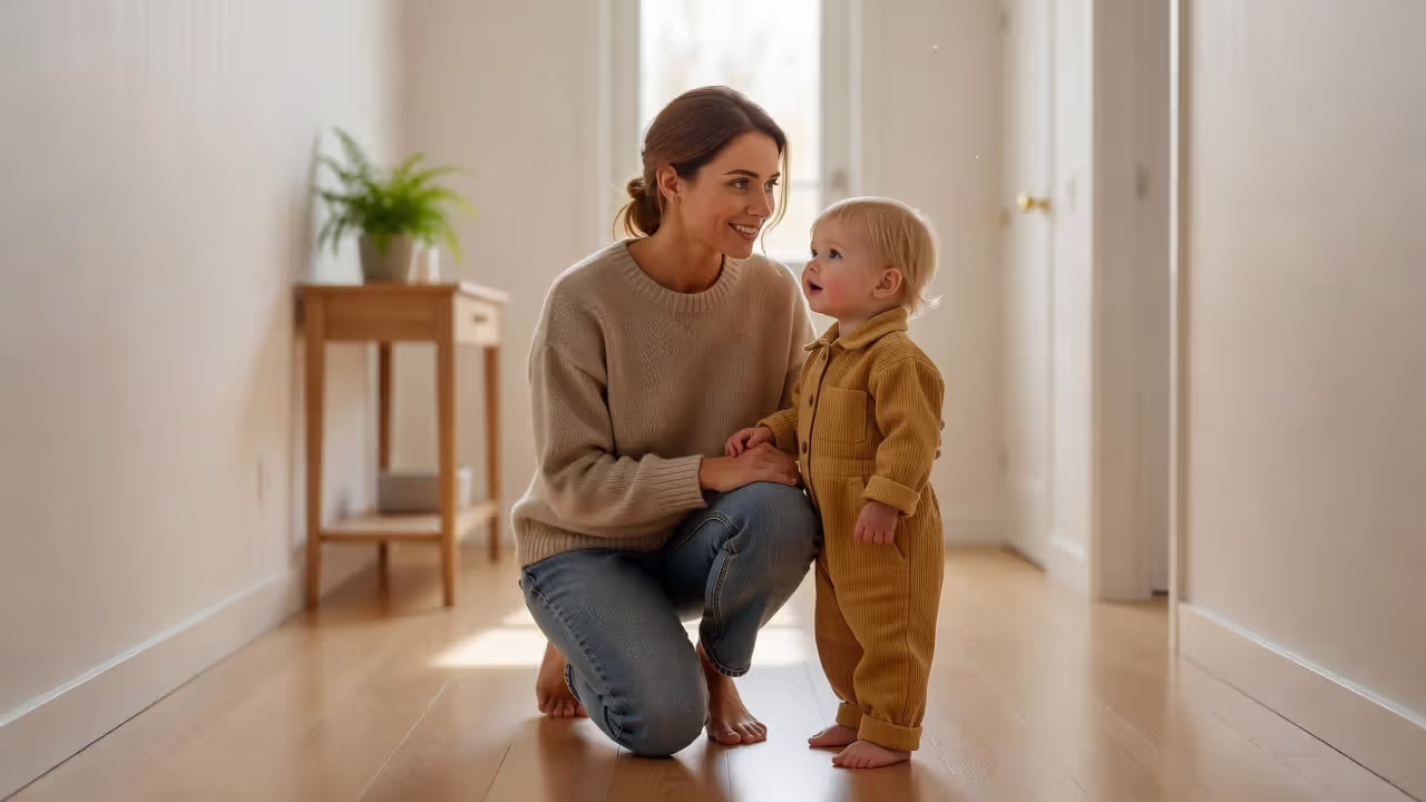 Parent getting to eye level with toddler to communicate calmly