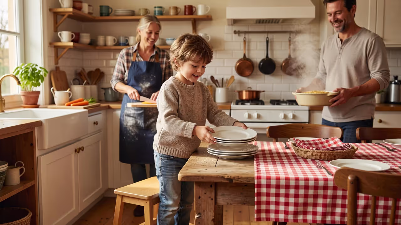 Young child helping set the dinner table as part of household chores