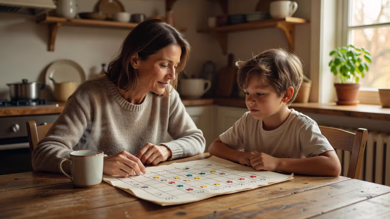 Parent and child reviewing chore responsibilities together at home