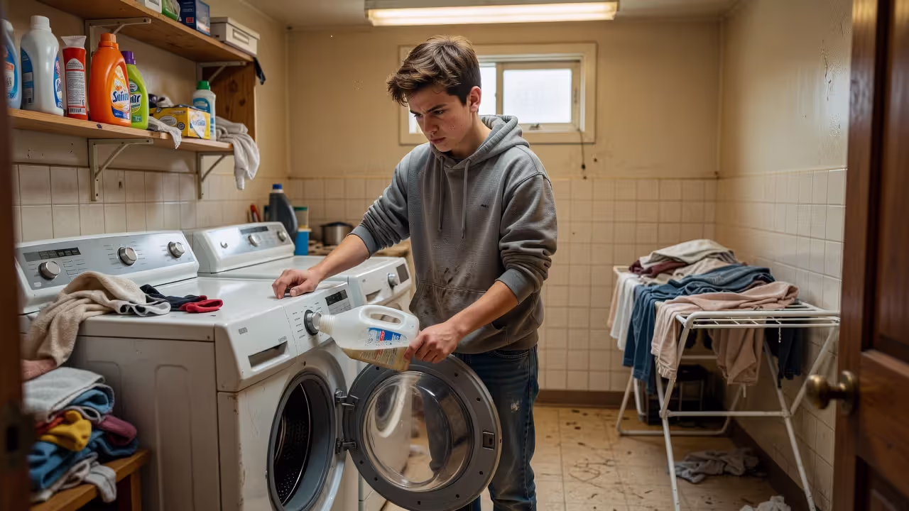 Teenager completing laundry chore independently at home