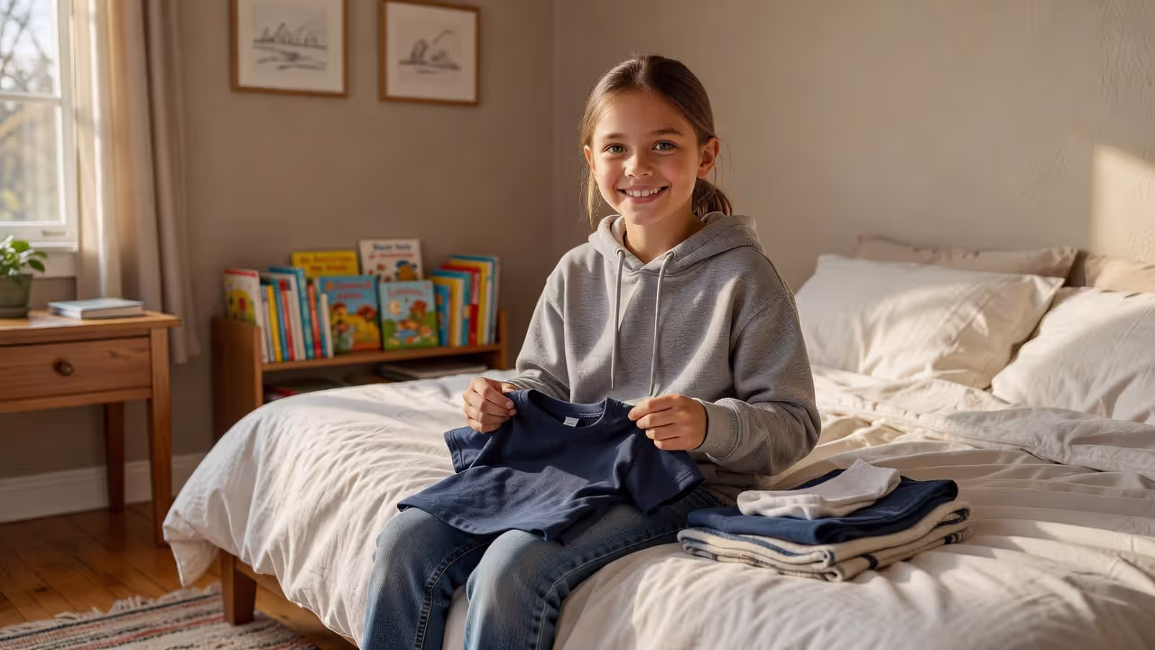 Preteen folding laundry independently in their bedroom