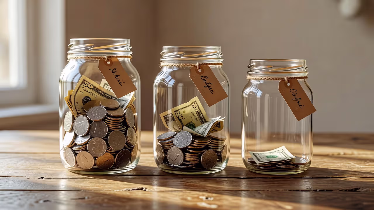 Three jars used for kids' spending, saving, and giving allowance system
