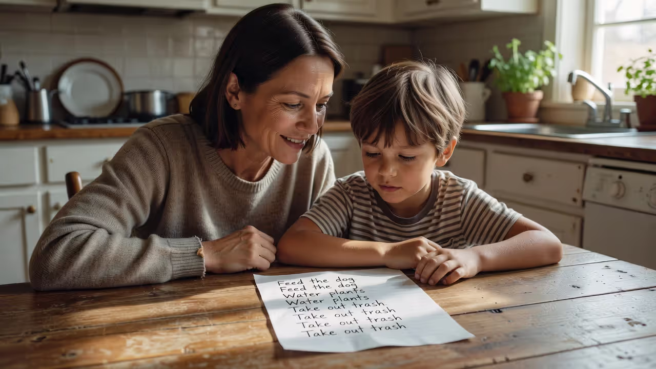 Parent and child reviewing a chore chart together at the kitchen table