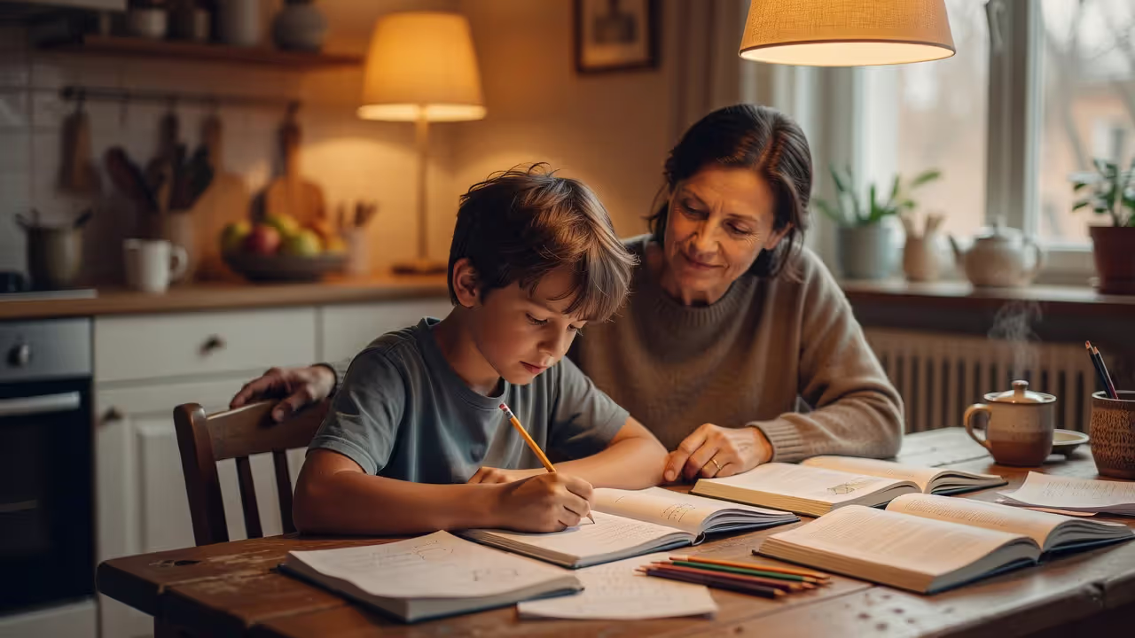 Parent supporting child with homework at home in a calm, supportive environment