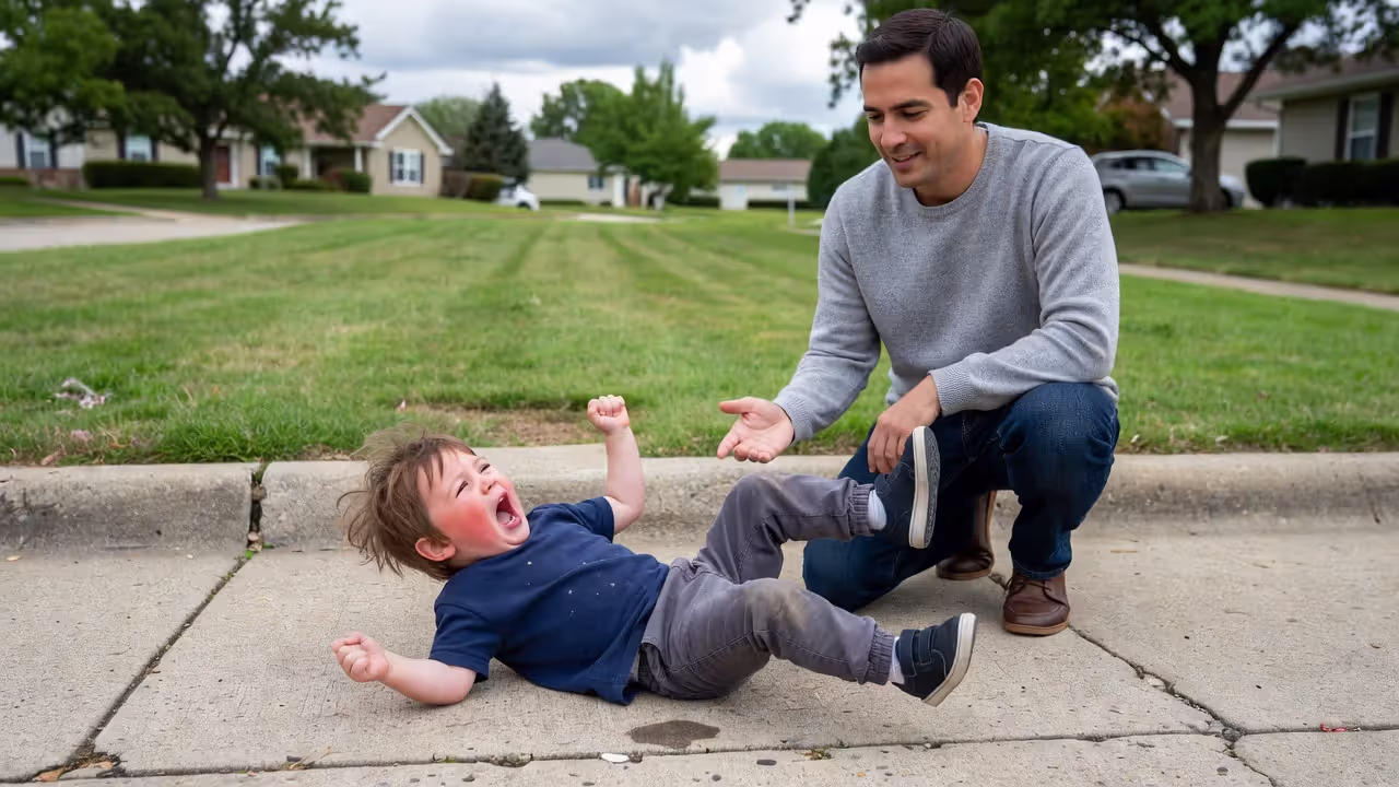 Parent calmly responding to a toddler tantrum outdoors