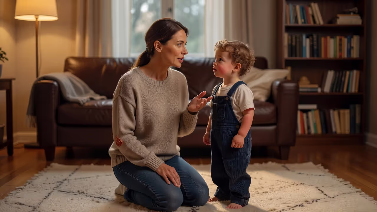 Parent communicating calmly with young child at eye level